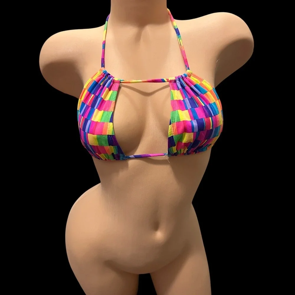 Y2K rainbow checker bikini top Sunset Beach size M Rave Festival‎